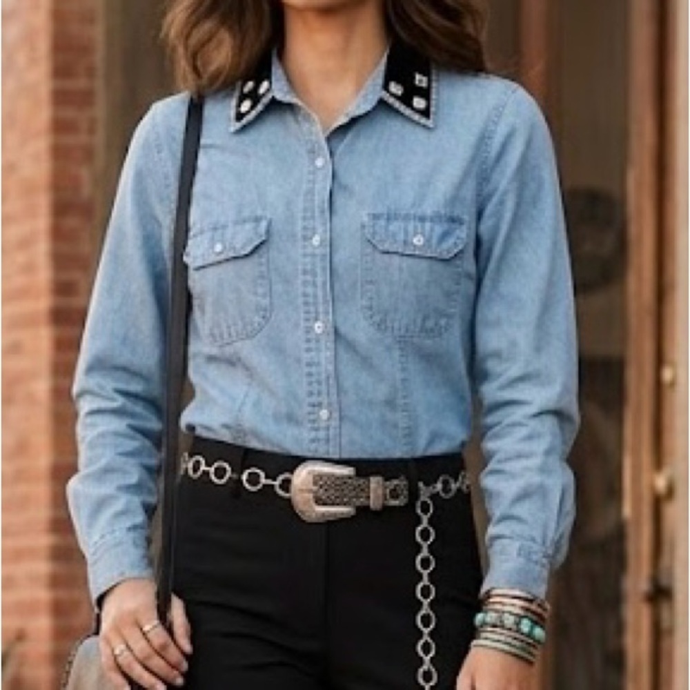 Y2K Western Denim Bling Top Studded Velvet Collar Light Wash Jean Shirt S